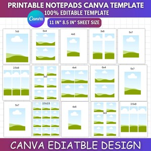 Puede incluir: Una plantilla digital de Canva para blocs de notas imprimibles con varios tamaños de diseño, incluidos 7x9, 6x4, 4x6, 3x8, 5x7, 2.5x8, 3x3, 4x4 y 2.5x2.5 pulgadas. El diseño muestra un gráfico de paisaje con colinas verdes y cielo azul.