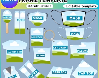 May include: A set of graduation themed printable templates for creating personalized items like shirts, socks, masks, pillows, keychains, and more. The design features a blue sky with white clouds and green hills.