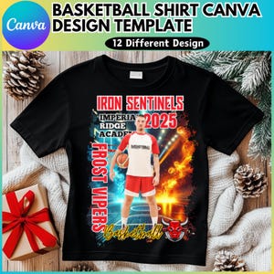 Puede incluir: Plantilla de dise&ntilde;o de camiseta de baloncesto negra con un jugador de baloncesto en una cancha con llamas y el texto "IRON SENTINELS IMPERIA RIDGE ACADE FROST VIPERS 2025 Basketball".