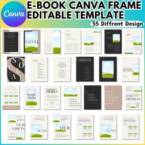 Może przedstawiać: Edytowalny szablon ramki Canva do e-booka z 55 różnymi wzorami. Obraz przedstawia różne układy z tekstem i grafiką, w tym logo Canva oraz frazy takie jak "Goal", "Content" i "Social Media."