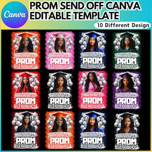 Puede incluir: Diez diseños diferentes para una despedida de graduación. Cada diseño presenta a un graduado negro con una gorra y una bata, rodeado de globos plateados. El texto "michelle's PROM SEND OFF" se muestra en cada diseño.