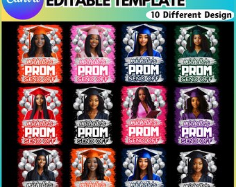 Può includere: Dieci design diversi per un addio al ballo di fine anno. Ogni design presenta un laureato nero con cappello e toga, circondato da palloncini argentati. Il testo "michelle's PROM SEND OFF" è visualizzato su ogni design.