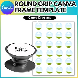 以下が含まれることがあります： 中央に「自分の画像をドラッグする」と書かれた白い円形がある黒い携帯電話グリップ。グリップは、緑と青の風景デザインが施された16個の円形が描かれた白いシートで囲まれています。