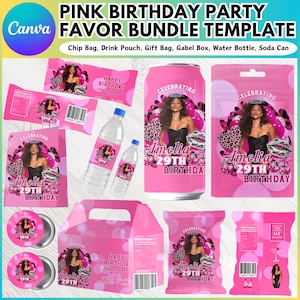 May include: A pink birthday party favor bundle template with various items, including chip bags, drink pouches, a gift bag, a gable box, water bottles, and a soda can. The design features a woman, balloons, and the text "Amelia 29th Birthday".
