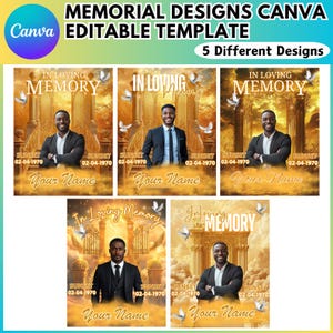 May include: A Canva editable template with five memorial designs. Each design features a person in a suit, the words "In Loving Memory", doves, and space for a name and date. The designs have a golden sunset background.