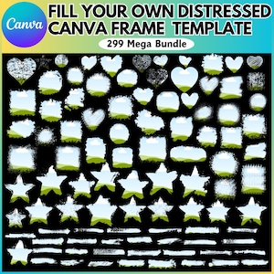 May include: A set of 299 distressed Canva frame templates in various shapes, including hearts, stars, squares, and rectangles. The frames are white with a distressed, textured look and feature a blue sky and green grass background.