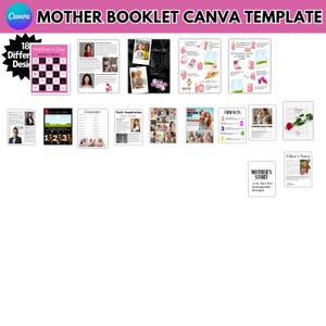 May include: A digital booklet template for Mother's Day with 18 different designs. The cover features a pink background with the text "Mother's Day" in white. The booklet includes pages with content such as "Contents", "Style Inspiration", "Fun Facts", "Mother's Story", and "Editor's Notes".