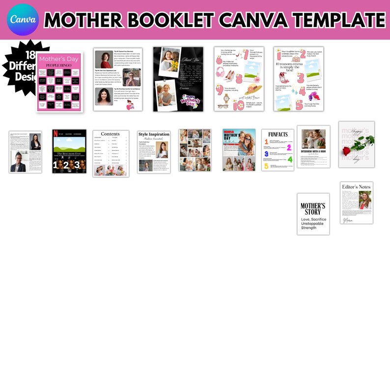 May include: A digital booklet template for Mother's Day with 18 different designs. The cover features a pink background with the text "Mother's Day" in white. The booklet includes pages with content such as "Contents", "Style Inspiration", "Fun Facts", "Mother's Story", and "Editor's Notes".