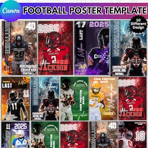 May include: A digital collection of football poster templates featuring various athletes in helmets and uniforms. The designs include bold text, player numbers, and team graphics in red, black, purple, and green color schemes with lightning effects.