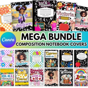 Könnte beinhalten: Eine Sammlung von Collegeblöcken mit verschiedenen Designs und Namen, darunter "Addison", "Victoria" und "Brooklyn". Die Notizbücher zeigen farbenfrohe Illustrationen, Grafiken zum Thema Schule und den Text "MEGA BUNDLE COMPOSITION NOTEBOOK COVERS."