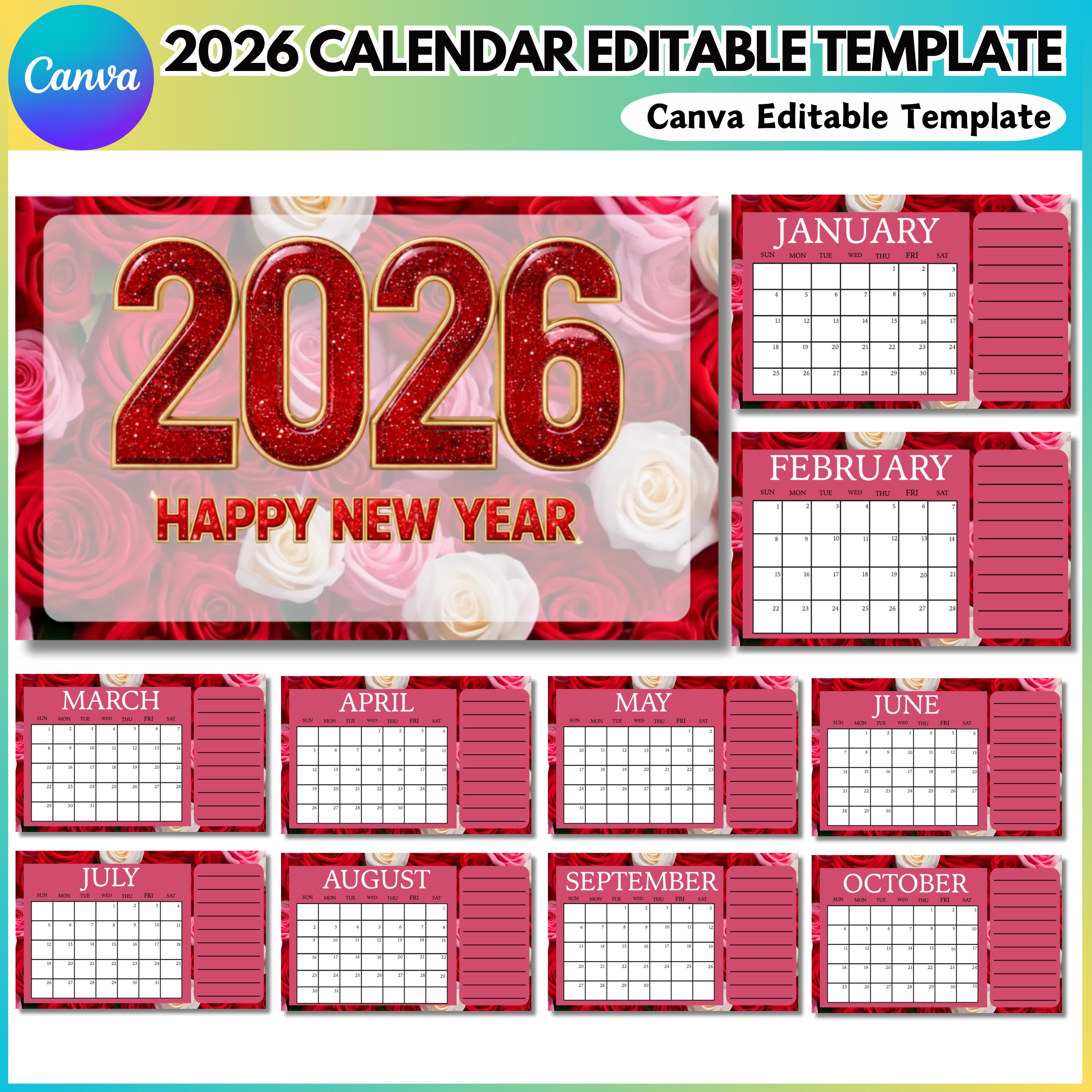 2026 Canva Calendar Template, Editable Monthly Calendar, Printable ...
