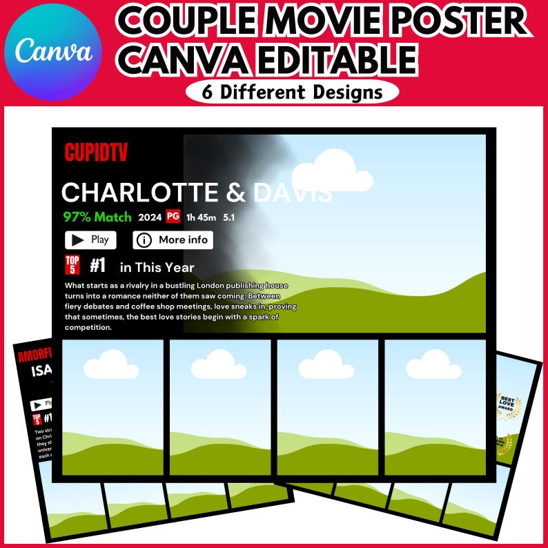 May include: A movie poster for a romantic comedy called "Charlotte & Davis" with a 97% match rating. The poster features a red and white play button, a blue information button, and a green landscape with clouds. The text "#1 in This Year" is also visible.
