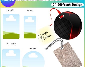 Puede incluir: Imagen que muestra plantillas de etiquetas de equipaje con el texto "LUGGAGE TAG CANVA FRAME EDITABLE TEMPLATE". Los diseños incluyen formas rectangulares y circulares, con dimensiones como 7,6 cm x 11,4 cm y 11,2 cm x 11,2 cm. La imagen también presenta un gráfico "Drag & Drop".
