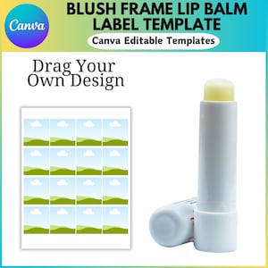 May include: A printable template for lip balm labels featuring a design of a blue sky with white clouds and green hills. The template is designed to be used with Canva. The image also shows a white lip balm tube with a yellow lip balm inside.