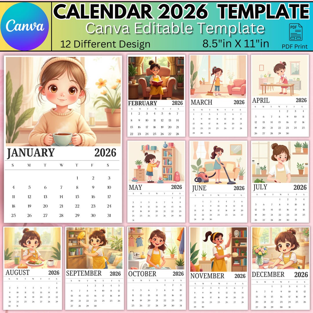 2026 Canva Calendar Template, Editable Kids Monthly Calendar, Family ...