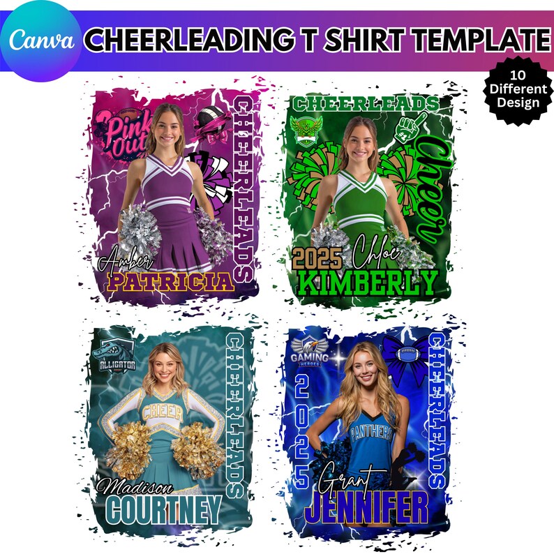 May include: A template for cheerleading t-shirts with four different designs. Each design features a young woman in a cheerleading uniform with text that includes names and the year 2025. The shirts are in various colors, including pink, green, teal, and blue.