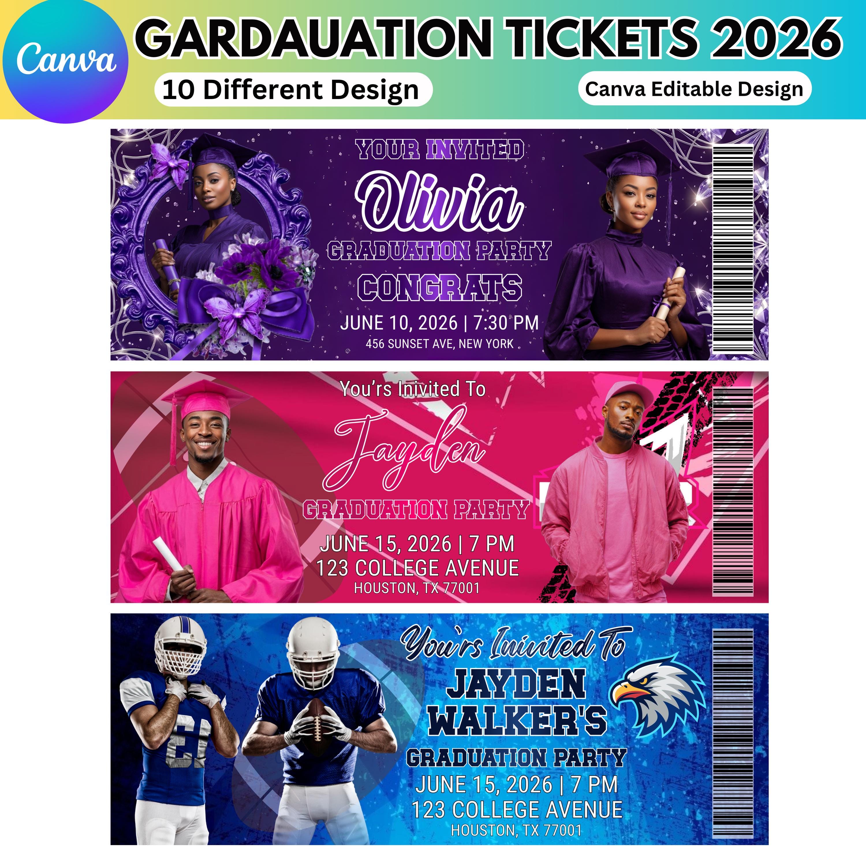 Graduation Ticket Template Bundle, Editable Canva Grad Party Tickets ...