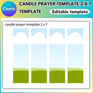 Op de afbeelding: Een digitale sjabloon voor kaarsgebeden, met een ontwerp met blauwe en groene landschapselementen. De tekst "CANDLE PRAYER TEMPLATE 2 X 7" en "Editable template" worden weergegeven. Het Canva-logo is ook zichtbaar.
