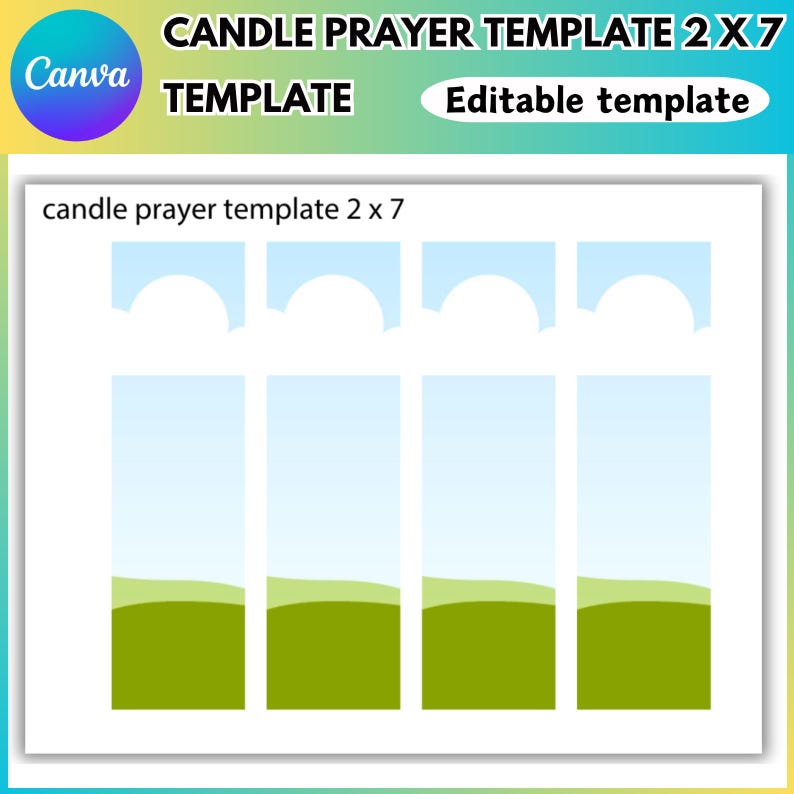 Op de afbeelding: Een digitale sjabloon voor kaarsgebeden, met een ontwerp met blauwe en groene landschapselementen. De tekst "CANDLE PRAYER TEMPLATE 2 X 7" en "Editable template" worden weergegeven. Het Canva-logo is ook zichtbaar.