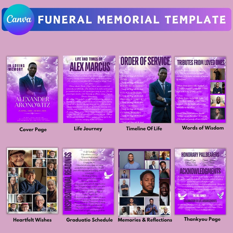 Purple Funeral Program Canva Template, Obituary Design, Celebration of ...