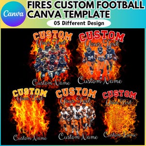 May include: Five different designs for a custom football jersey template. Each design features a group of football players in orange and black uniforms running through flames. The text "CUSTOM YOUR TEXT" appears above each design, and "Custom Name" appears below each design.