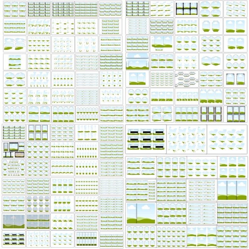 May include: A grid of various digital illustrations featuring a landscape scene with green hills, blue skies, and clouds. The illustrations are in a minimalist style, with clean lines and a limited color palette. The images are in a variety of shapes and sizes.