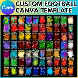 May include: A digital template for creating custom football designs. The template features a variety of colorful backgrounds with lightning bolts and text that says "Custom Name" and "Custom Your Text".