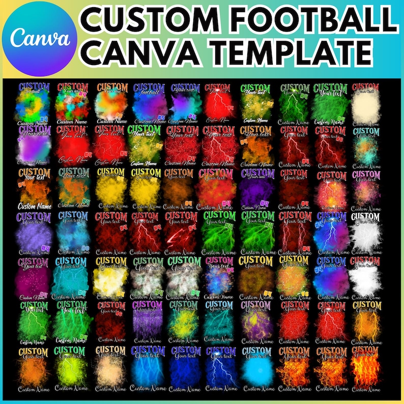 K&ouml;nnte beinhalten: Eine digitale Vorlage zum Erstellen von benutzerdefinierten Fu&szlig;balldesigns. Die Vorlage bietet eine Vielzahl von bunten Hintergr&uuml;nden mit Blitzen und Text, der "Custom Name" und "Custom Your Text" lautet.