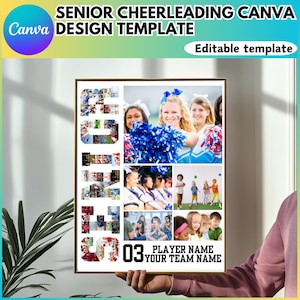 May include: A white poster with a collage of photos of cheerleaders. The photos are arranged to spell out the word "Seniors" with the number "03" and the text "Player Name Your Team Name".