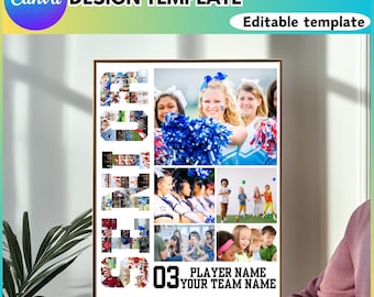 Könnte beinhalten: Ein weißes Poster mit einer Collage von Fotos von Cheerleadern. Die Fotos sind so angeordnet, dass sie das Wort "Seniors" mit der Nummer "03" und dem Text "Player Name Your Team Name" buchstabieren.