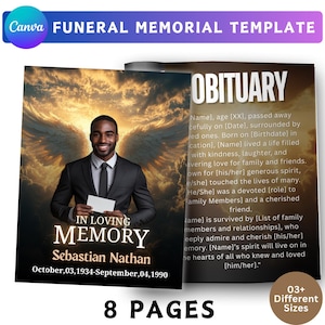 May include: A funeral memorial template with a photo of a smiling person in a suit, with angel wings in the background. The text reads "In Loving Memory" and the name "Sebastian Nathan" with dates. The template includes "Obituary" text and "8 Pages".