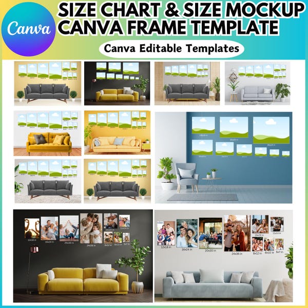 Canvasformaten Slimme mockup Canva bewerkbare sjabloon, bewerkbare vergelijkingstabel muurlijstgrootte, gids kunstgrootte canvas, canvas slepen en neerzetten