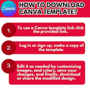 May include: A red and white graphic with three steps on how to download a Canva template. The steps are numbered 1, 2, and 3. Step 1: To use a Canva template link click the provided link. Step 2: Log in or sign up, make a copy of the template. Step 3: Edit it as needed by customizing images, and colors, save your changes, and finally, download or share the modified design.