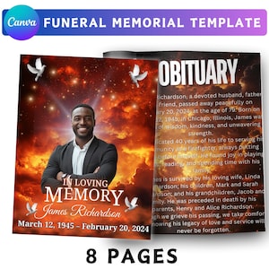 May include: A funeral memorial template with the Canva logo. The design features a photo of James Richardson, the text "In Loving Memory," and the dates March 12, 1945 - February 20, 2024. The obituary text is visible. The template is 8 pages.