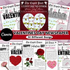 32 Plantillas editables de Canva para periódicos con mensajes de Cupido de San Valentín, Plantillas de periódicos personalizadas, ¿Serás mi Valentín?, Descarga digital
