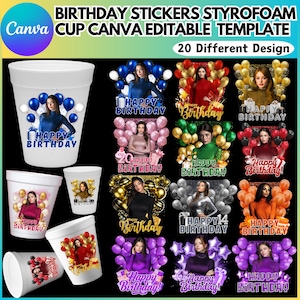 Birthday Styrofoam Cup Sticker Editable Template, Birthday Party Styrofoam Cup Design, Cup Sticker Template, Customize Party Cups, Digital