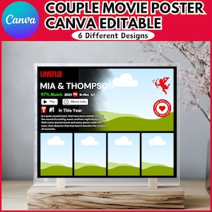 May include: A movie poster mockup for a romantic comedy film titled "Mia & Thompson" with a 97% match rating. The poster features a red heart with wings and the text "Made with Love".