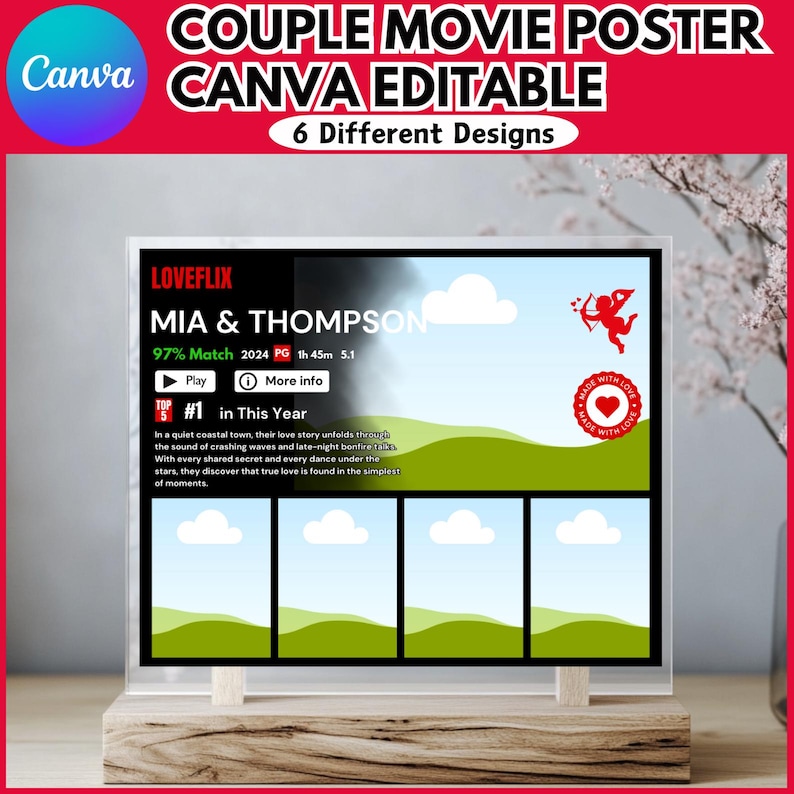 May include: A movie poster mockup for a romantic comedy film titled "Mia & Thompson" with a 97% match rating. The poster features a red heart with wings and the text "Made with Love".