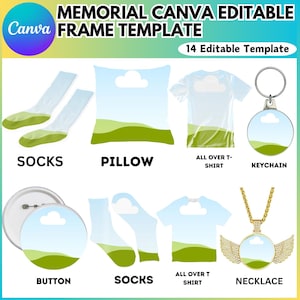May include: A set of 14 customizable templates for memorial products. The templates feature a blue sky with a white cloud and green hills. The templates include socks, a pillow, a t-shirt, a keychain, a button, and a necklace.