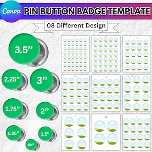 May include: A graphic design template for pin button badges. The design includes green pin buttons in various sizes, ranging from 1 inch to 3.5 inches. The template also features designs with a green and blue landscape.