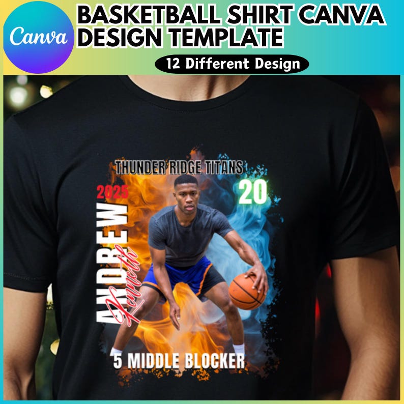 Puede incluir: Una camiseta de baloncesto negra con un dise&ntilde;o de llamas y un jugador de baloncesto en el centro. La camiseta tiene el texto "THUNDER RIDGE TITANS", "202", "20", "ANDREW Fameth" y "5 MIDDLE BLOCKER" impreso en ella.