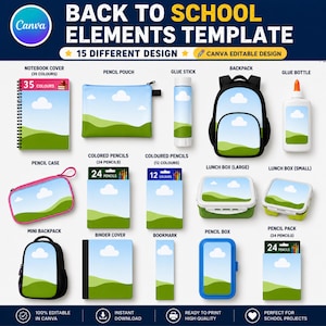 May include: A digital template set titled BACK TO SCHOOL ELEMENTS TEMPLATE featuring 15 items including a notebook, pencil pouch, glue stick, backpack, glue bottle, pencil case, pencil packs, lunch boxes, binder cover, bookmark, and pencil box.