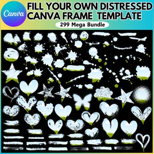 May include: A collection of 299 distressed white frames in various shapes, including stars, hearts, butterflies, and clouds, on a black background. The frames are perfect for adding a vintage or grunge aesthetic to your designs.