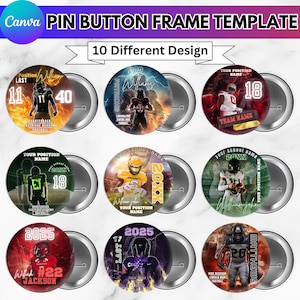 Puede incluir: Una plantilla para marcos de botones con 10 diseños diferentes. Cada botón presenta a un jugador de fútbol americano con detalles del equipo, incluidos los números de los jugadores, los nombres y los nombres de los equipos. Los botones tienen un respaldo plateado metálico.