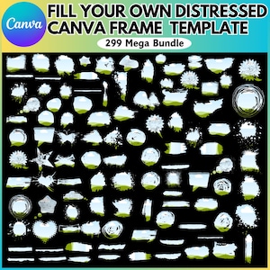 Könnte beinhalten: Ein digitales Design-Vorlagenpaket mit 299 verzerrten Canva-Rahmen. Das Bild zeigt eine Vielzahl von Formen und Stilen, darunter Kreise, Sterne und Pinselstriche, in Weiß, Grün und Blau auf schwarzem Hintergrund.