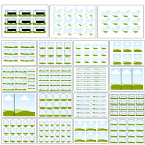 May include: A collection of digital graphics featuring various landscape and nature-themed designs. The graphics include images of rolling green hills, blue skies with clouds, and stylized water elements. The designs are arranged in a grid format.