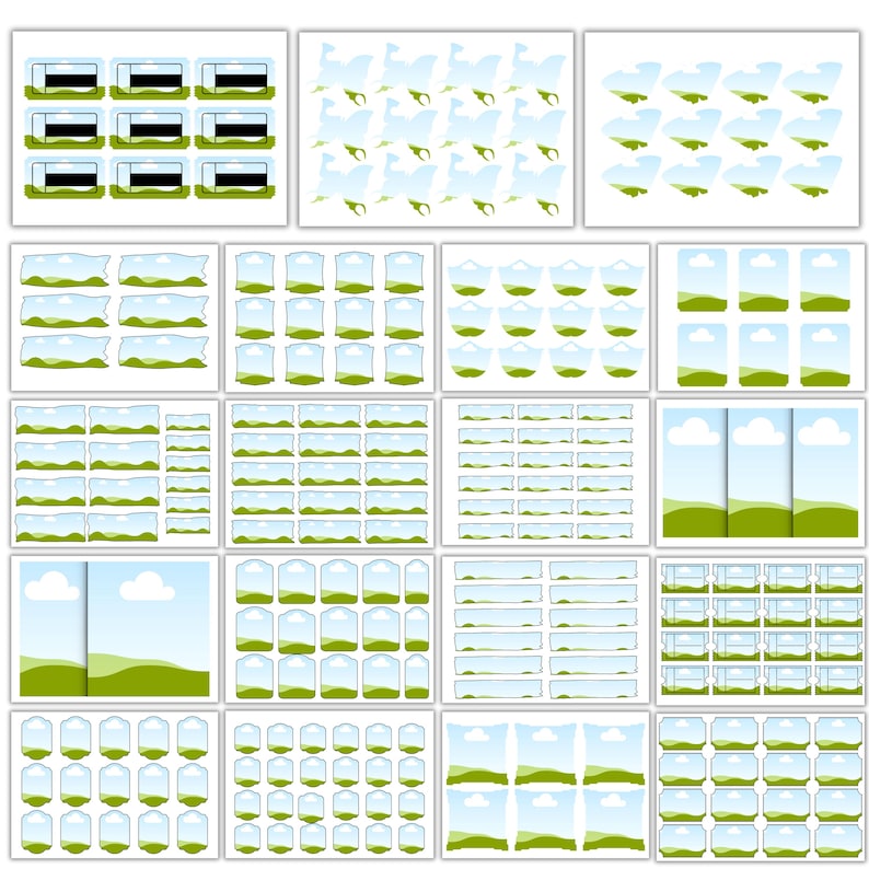 May include: A collection of digital graphics featuring various landscape and nature-themed designs. The graphics include images of rolling green hills, blue skies with clouds, and stylized water elements. The designs are arranged in a grid format.