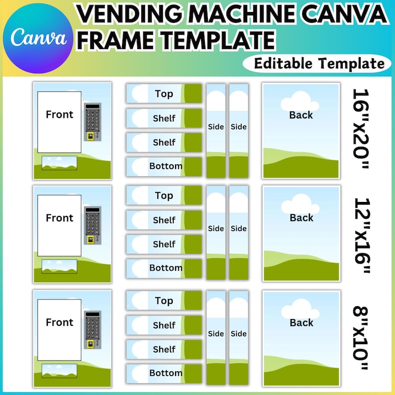 Op de afbeelding: Een Canva-sjabloon voor het maken van een ontwerp voor een frame van een drankautomaat. De sjabloon bevat drie verschillende formaten: 8x10 inch, 12x16 inch en 16x20 inch. Elk formaat bevat een voor-, achter- en twee zijweergaven. De sjabloon is bewerkbaar en kan worden aangepast aan uw behoeften.