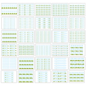 May include: A grid of 25 small framed images, each depicting a landscape scene. The scenes feature green hills, blue skies, and white clouds. Some frames show vertical elements, while others are horizontal.