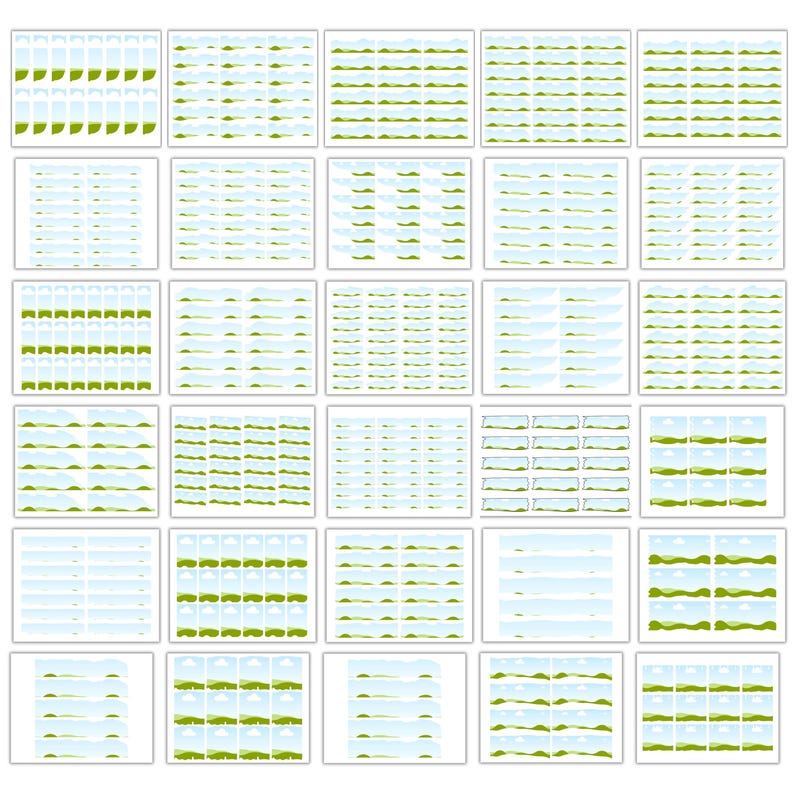 May include: A grid of 25 small framed images, each depicting a landscape scene. The scenes feature green hills, blue skies, and white clouds. Some frames show vertical elements, while others are horizontal.